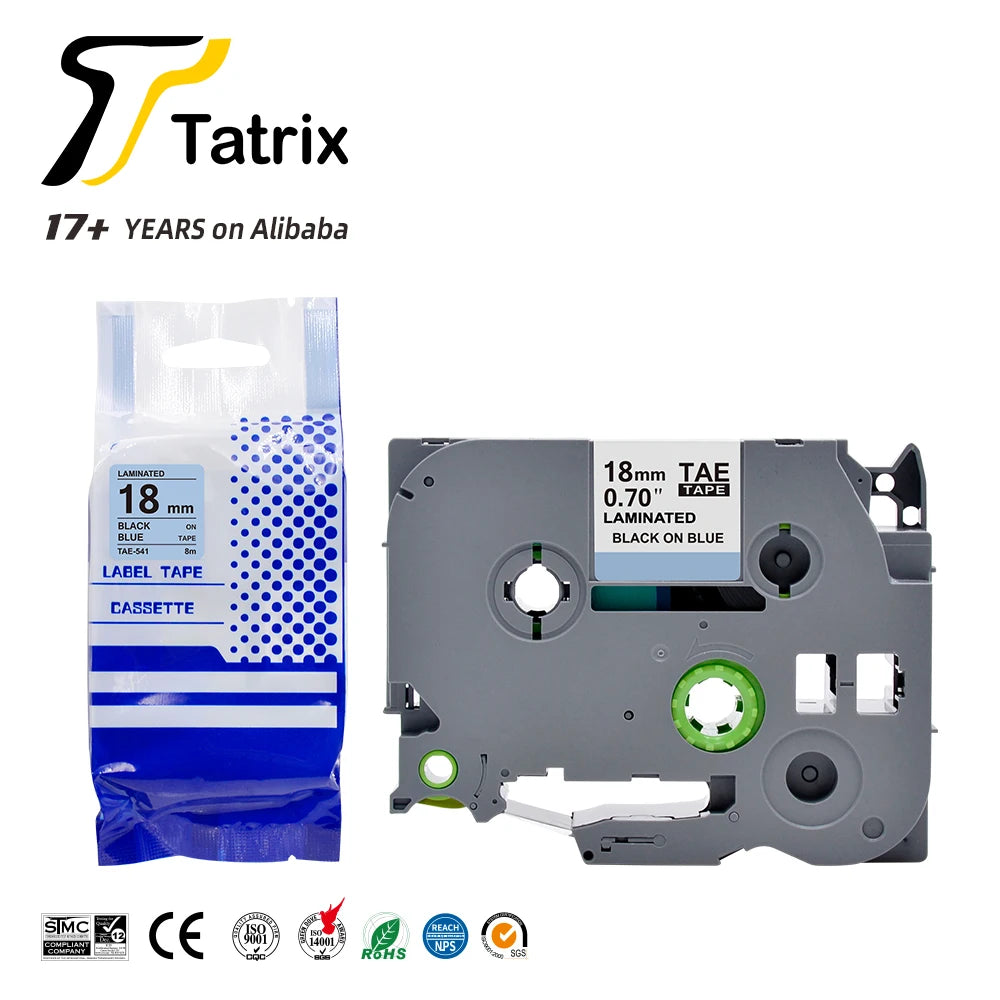 Tatrix TZ541 TZe541 TZ-541 TZe-541 18mm Black on Blue Compatible Laminated Label Tape Cartridge for Brother P Touch PT-310