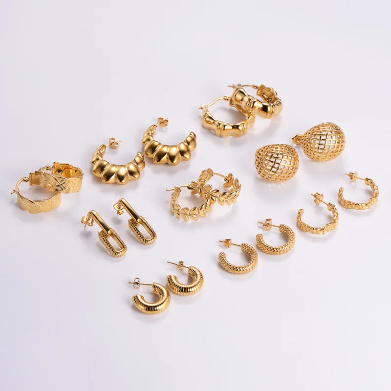 Hollow Mesh Ball Stud Earrings 18K Gold Plated Stainless Steel Leaf Vine Hammered Ribbed C-Hoop Earrings Women Jewelry MegaBDM