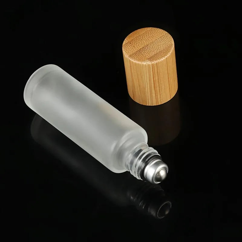 Refillable Bamboo Lid 10ml Frosted Clear Glass Essential Oil Roll-on Bottle with Steel Roller Silkscreen Printing & Custom Logo