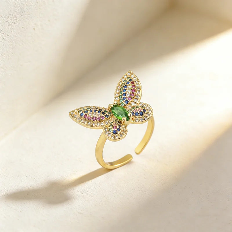 QIKU Butterfly Shape 5 Colors Rhinestone Adjustable Rings Zircon Copper Opening Jewelry Accessories Gift Wholesale Dropshipping