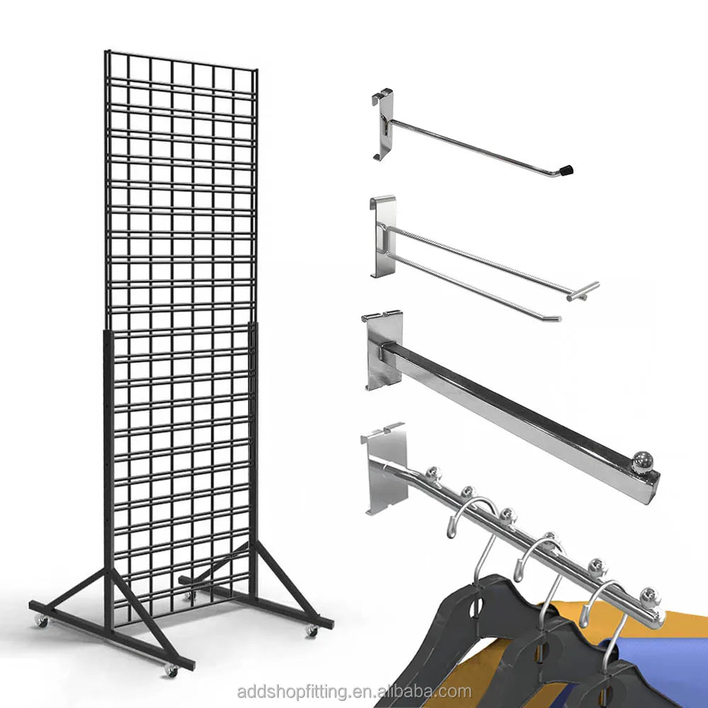 Steel T-stand Metal Wall Panels Grid Display Rack Slatwall Hook Triangular Rack Easy Assembly Powder Coated Black Retail Shops