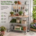 Garden Potting Work Station Metal Garden Potting Bench with Pegboard Mobile Gardening Workstation with Wheels & Storage Shelf MegaBDM