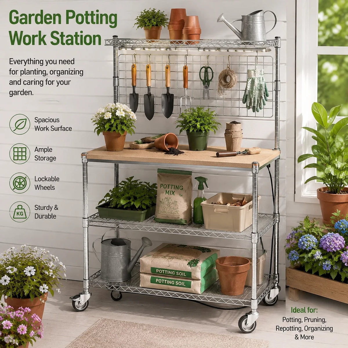 Garden Potting Work Station Metal Garden Potting Bench with Pegboard Mobile Gardening Workstation with Wheels & Storage Shelf MegaBDM