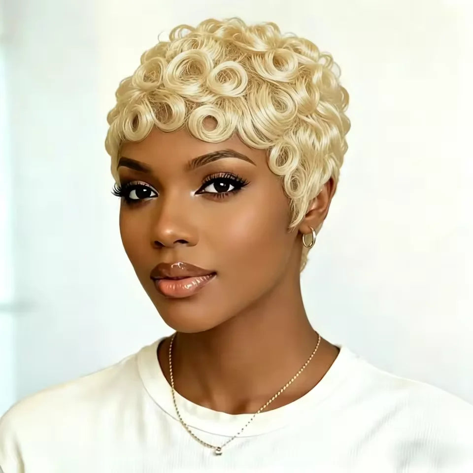 613 Side Part Pixie Cut Wig Human Hair Short Layered Wigs with Bangs Full Machine Made Wigs for Women Daily Use MegaBDM