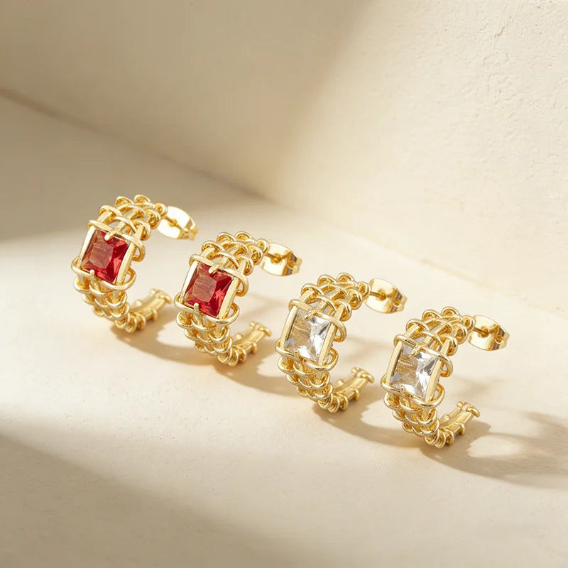 18k Gold Plated Gemstone Stud Earrings square Stone Earrings Elegant Luxury Fashion Simple Earrings for Women Brides Wedding