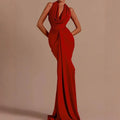 Elegant Red Womens Evening Dress Halter Neck Ruched Waist Straight Satin Backless Maxi Gown for Prom Party Wedding MegaBDM