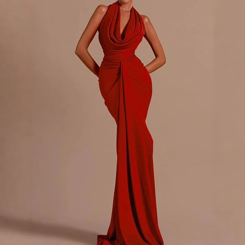 Elegant Red Womens Evening Dress Halter Neck Ruched Waist Straight Satin Backless Maxi Gown for Prom Party Wedding MegaBDM
