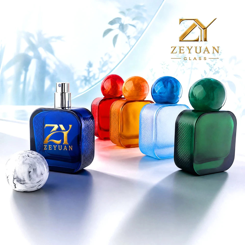 Luxury 50ml Square Perfume Bottle Wholesale Empty Fragrance Atomizer Embossed Glass Sides Resin Ball Cap Custom MegaBDM