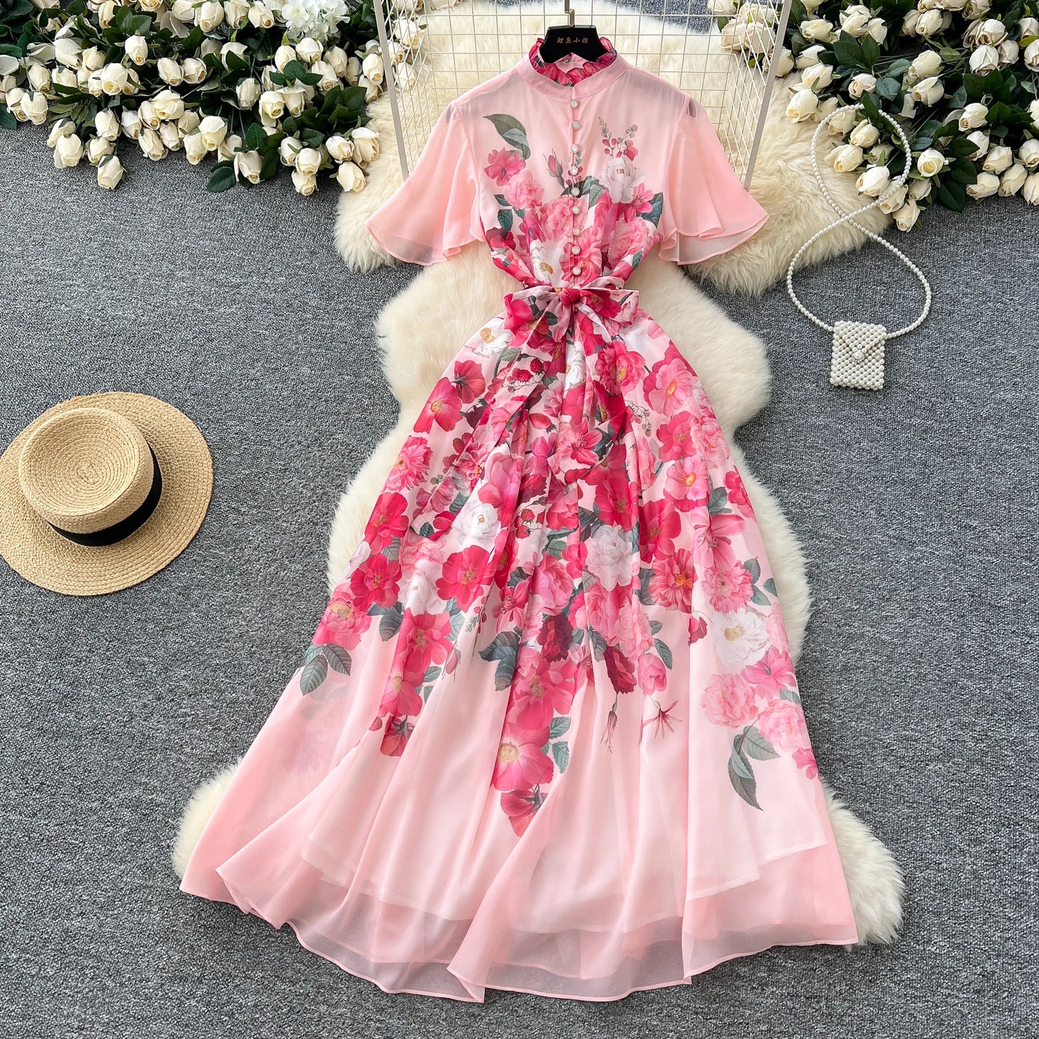 2025 Spring Roman Tunic Slim Casual Midi Dress For Women Empire Printed Lace Dress