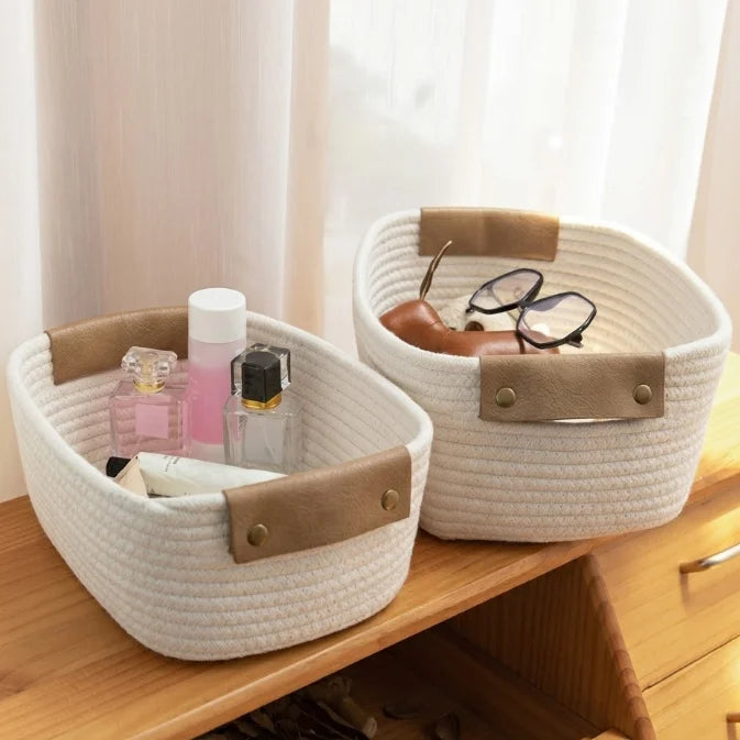 Nursery Desktop Organization Woven Cotton Rope Storage Baskets with Faux Leather Handles MegaBDM