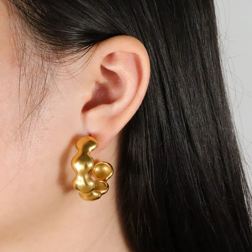 18K Gold Plated Wavy Chunky Hoop Earrings Minimalist Irregular Bubble Design Fashion Jewelry