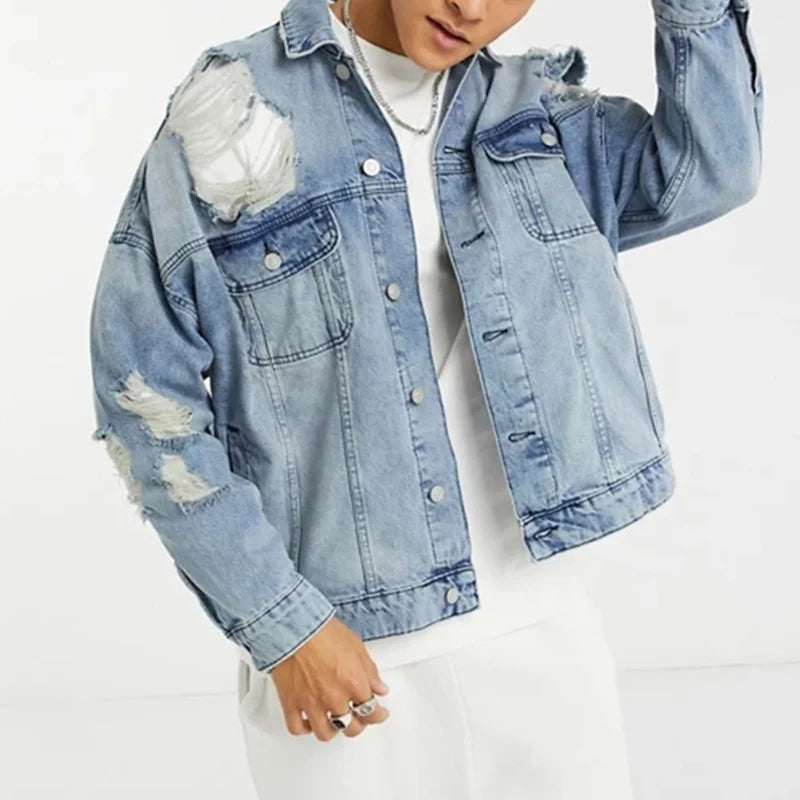 Custom Men's Denim Jacket Streetwear Fashion Plain Rips Jean Jacket for Spring