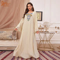 Custom Logo Muslim Womens Maxi Long V-neck Long Sleeve Solid Color Embroidery Applique for Muslin Girl  Loose Maxi Dress