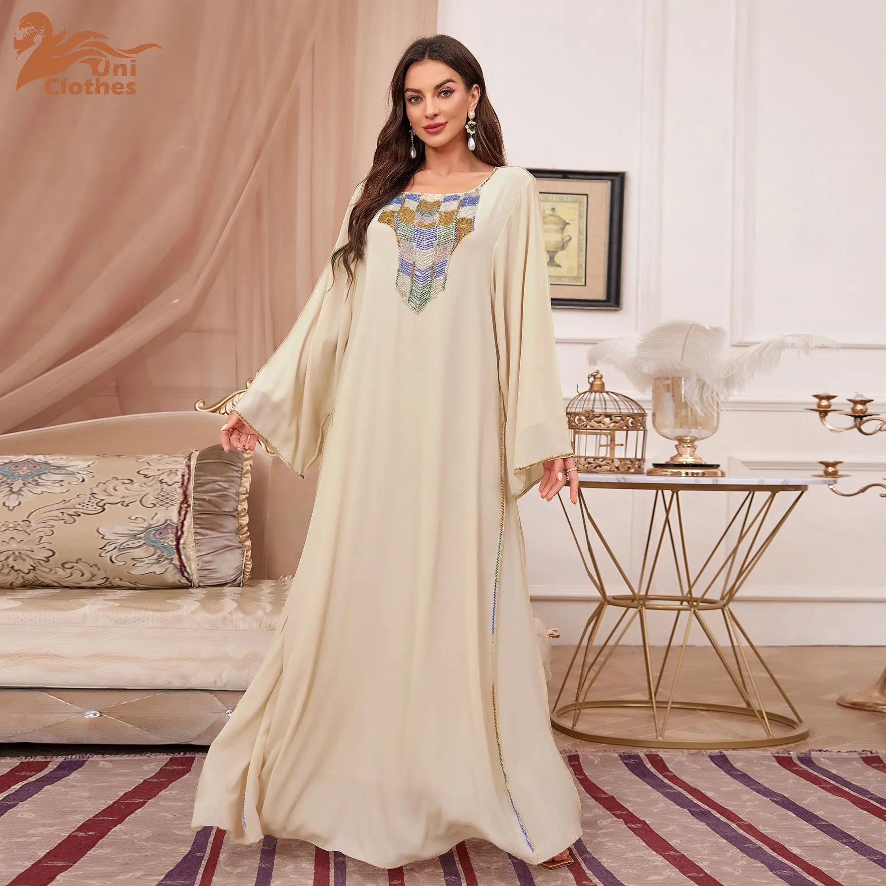 Custom Logo Muslim Womens Maxi Long V-neck Long Sleeve Solid Color Embroidery Applique for Muslin Girl  Loose Maxi Dress
