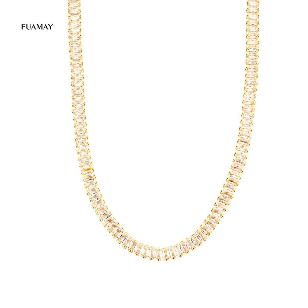 FUAMAY Luxury 925 Sterling Silver 40cm Long Baguette CZ Choker Necklaces Wedding Tennis Choker with Luxury Diamond for Women