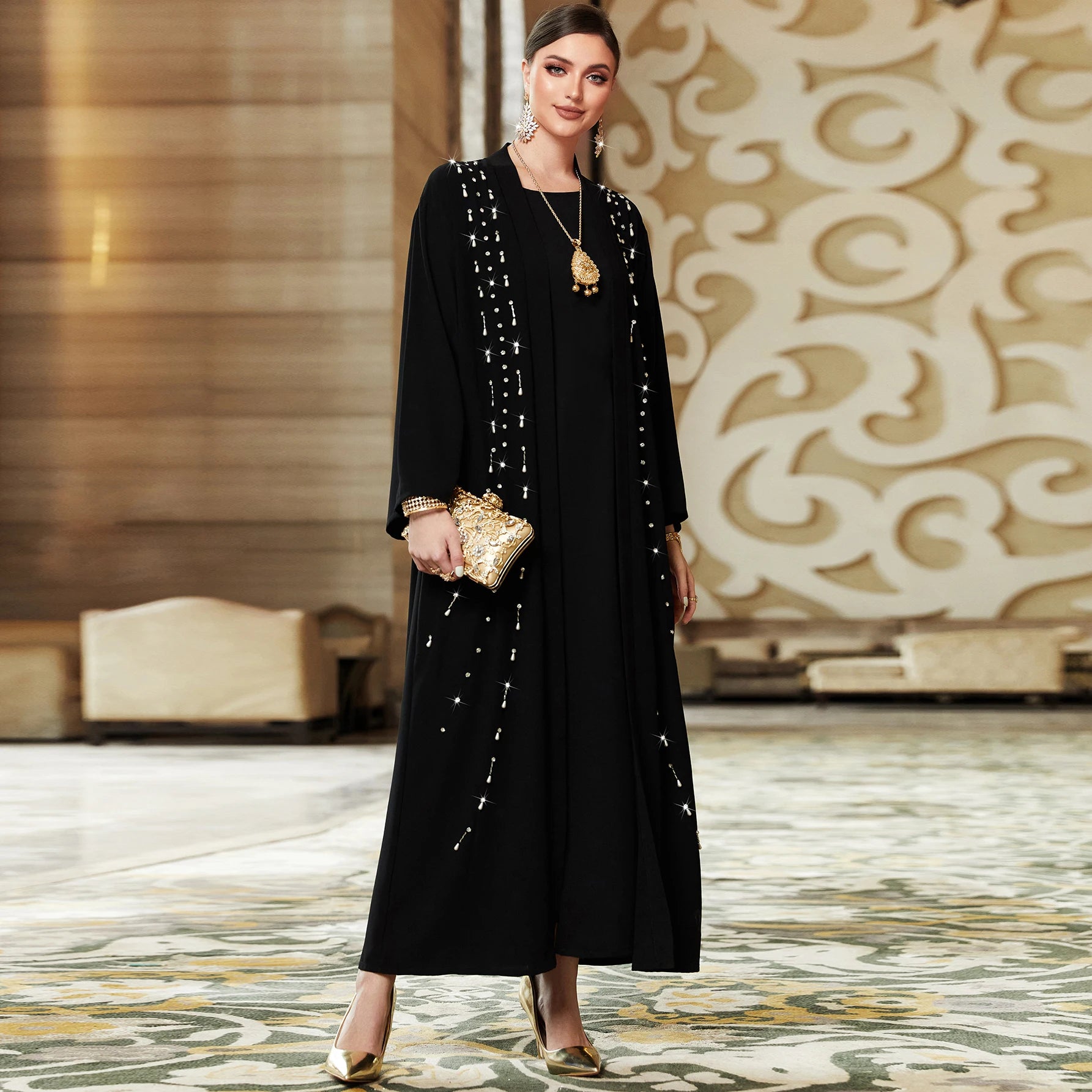 New Season Women Islamic Clothing Abaya Kaftan Long Sleeve V-neck Ladies Abaya Set Solid Color Black Open Abaya