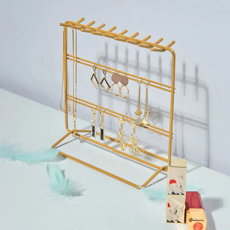 Gold Metal Elegant 3-Layer Square Necklace Earring Bracelet Holder Jewelry Organizer Stand for Accessory Display