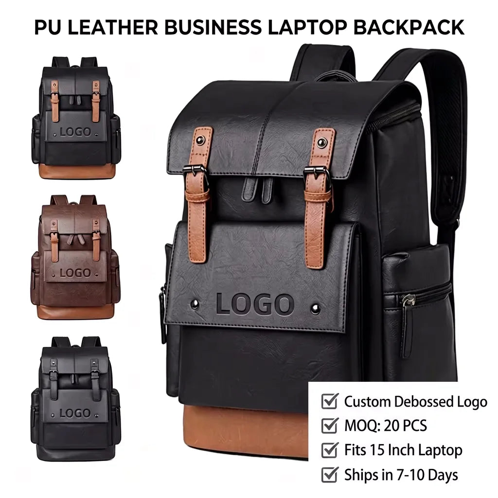 Business Trip Men Casual PU Leather Backpack Wholesale Polyester Lining Large Capacity Travel Backpack with Brand Logo Embossed MegaBDM