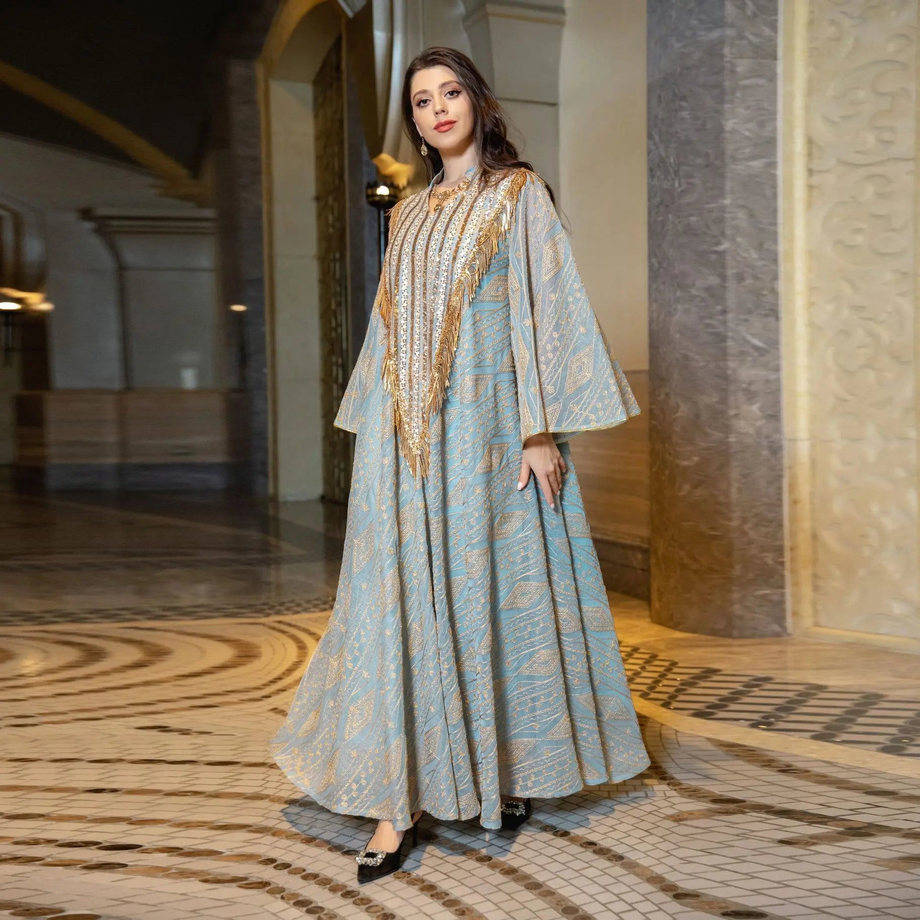 Abaya Women Muslim Dress Cheapest Stand Neck Long Sleeve Tassel Decoration Printed Dress Muslim Women Dress Beaded Shiny Abaya