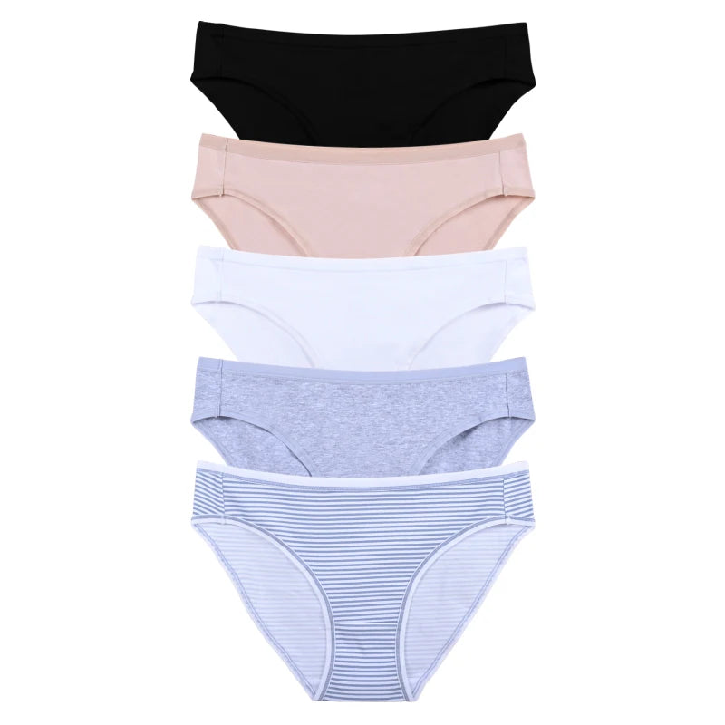 Women's Multicolor Bikini Breathable Mid Waist Panties Stripe and Solid Cotton Ladies Underwear Panties