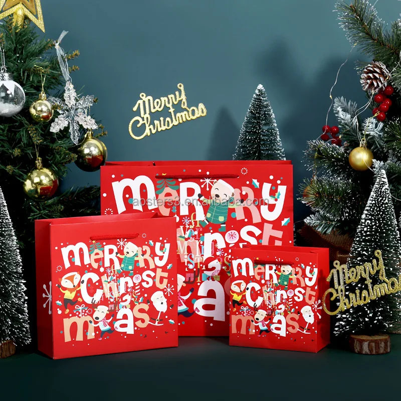 Christmas Art Paper Bags Stock Cardboard Bags Recycled Materials Offset Printing Cotton Handle Customizable Promotional Use
