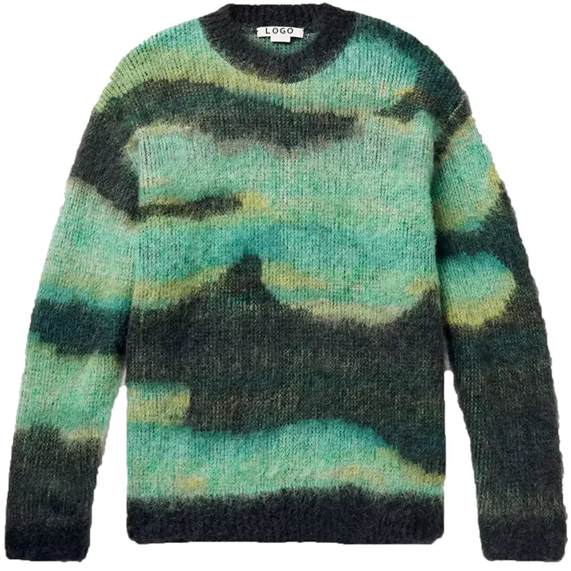Best Quality Factory Custom Designer Pullover Men Multicoloured Mohair Winter Warm Fuzzy Breathable Pattern Print Autumn