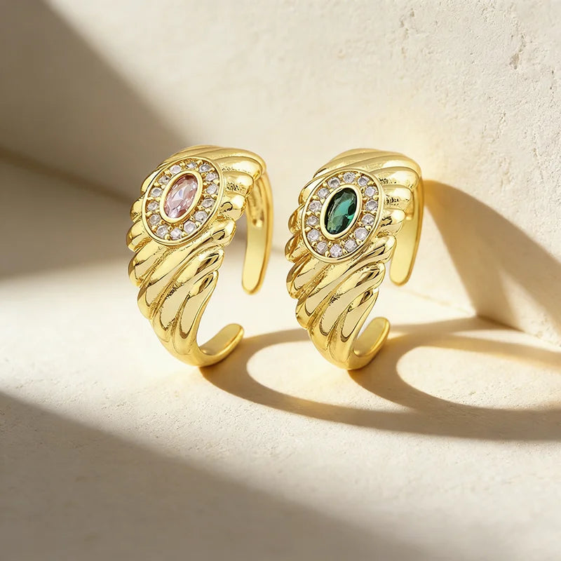 QIKU Luxury 4 Colors Rhinestone Opening Adjustable 18K Gold Plated Geometric Women Rings Copper Zircon Jewelry Wedding
