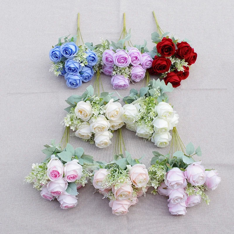 Multiple Colors 11 Heads Faux Roses Flower Bouquet Silk Artificial Rose Bushes for Wedding