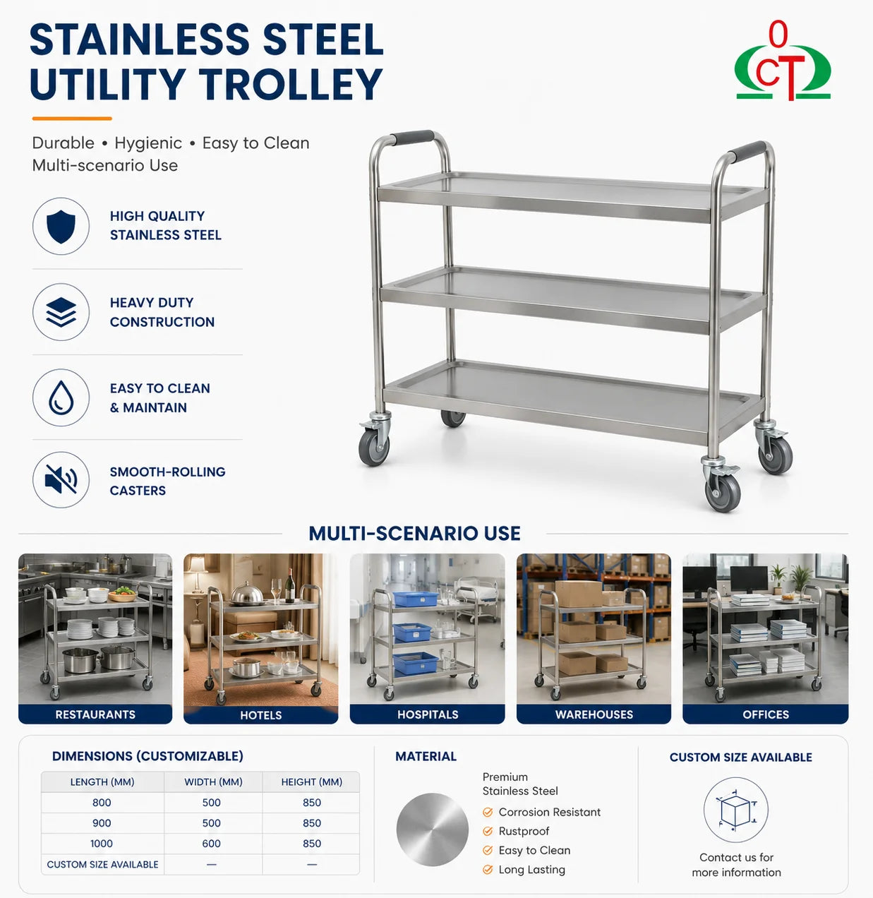 Commercial Stainless Steel Service Trolley Heavy Duty Hotel Utility Cart with Lockable Silent Wheels for Restaurant CE