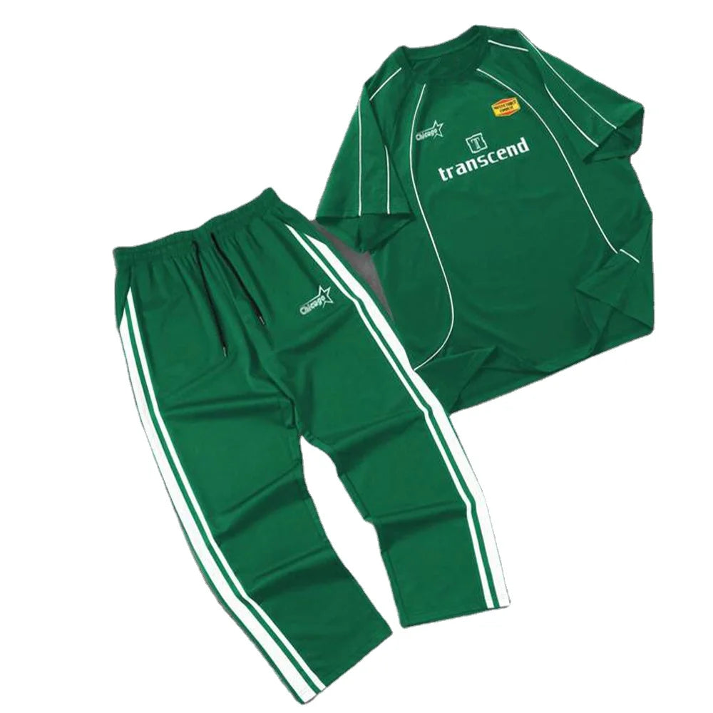 Green Dual Stripe Plus Size Autumn Tracksuit Set for Men Breathable Short Sleeve Tee Drawstring Pants Streetwear Gymwear Custom