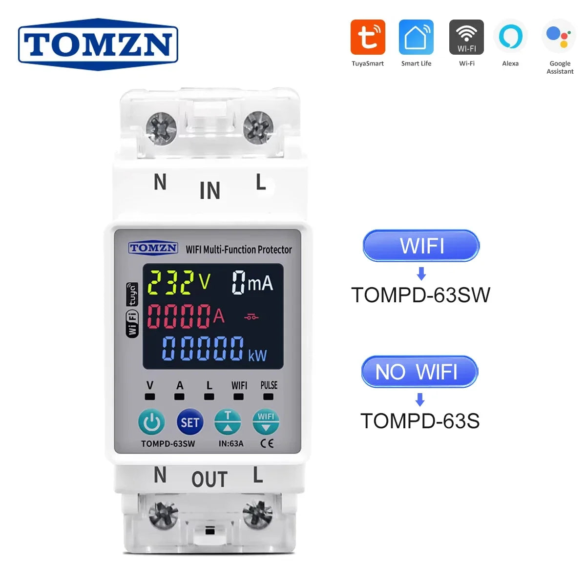 TOMZN 63A 110V 230V WIFI Smart Switch smartlife Kwh Metering Circuit Breaker Timer with voltage current and leakage protection
