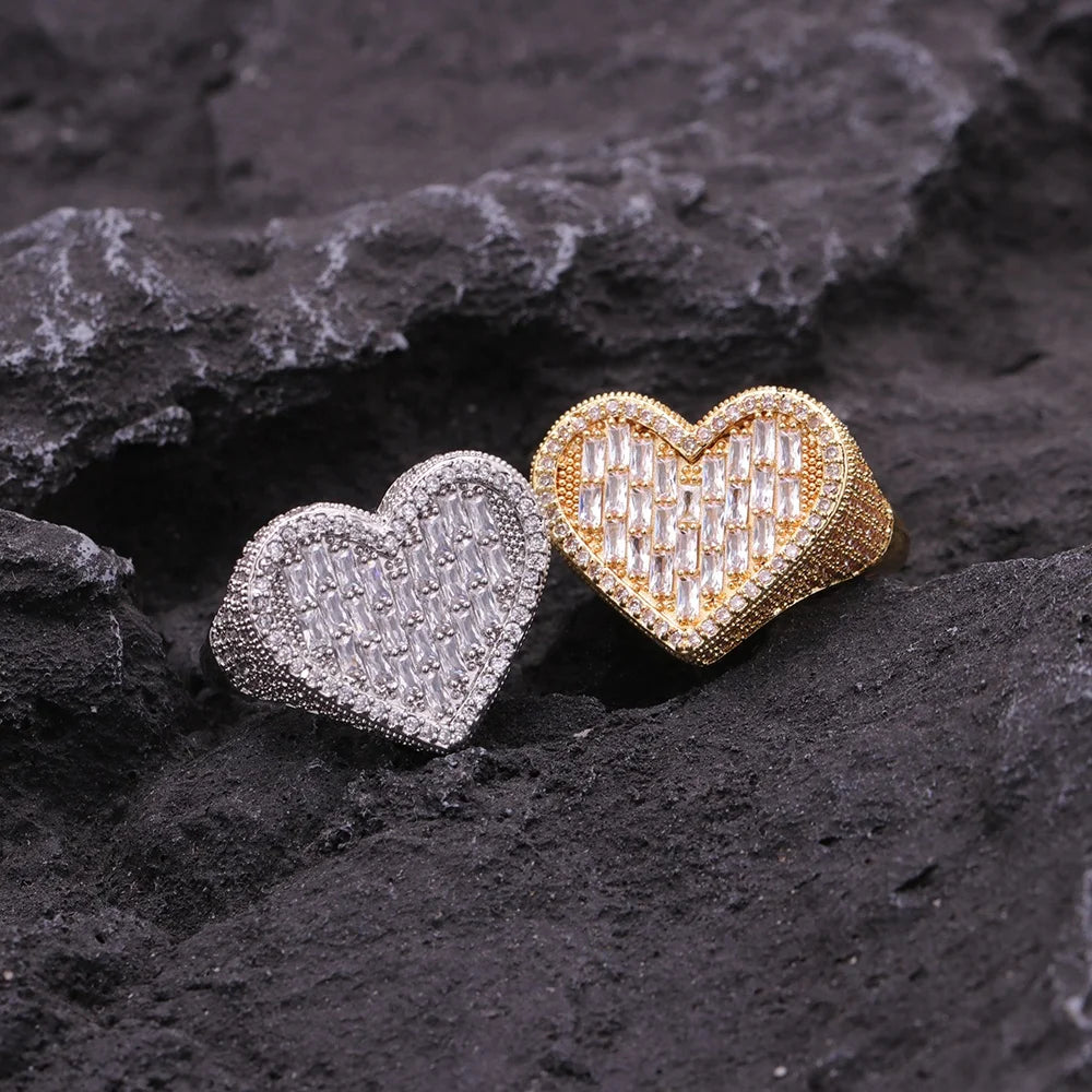 Luxury Iced Big Heart Ring Brass Real Gold Plated Rhodium Plated Lab Created 5A Cubic Zirconia Hip Hop Women CZ Rings
