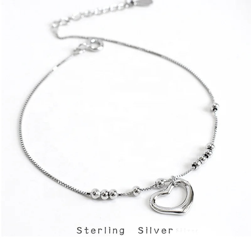 GP Adjustable Silver Anklet Sterling Silver 925 Platinum Plated Beaded Anklets Heart Charms Permanent Jewelry Bracelet Wholesale