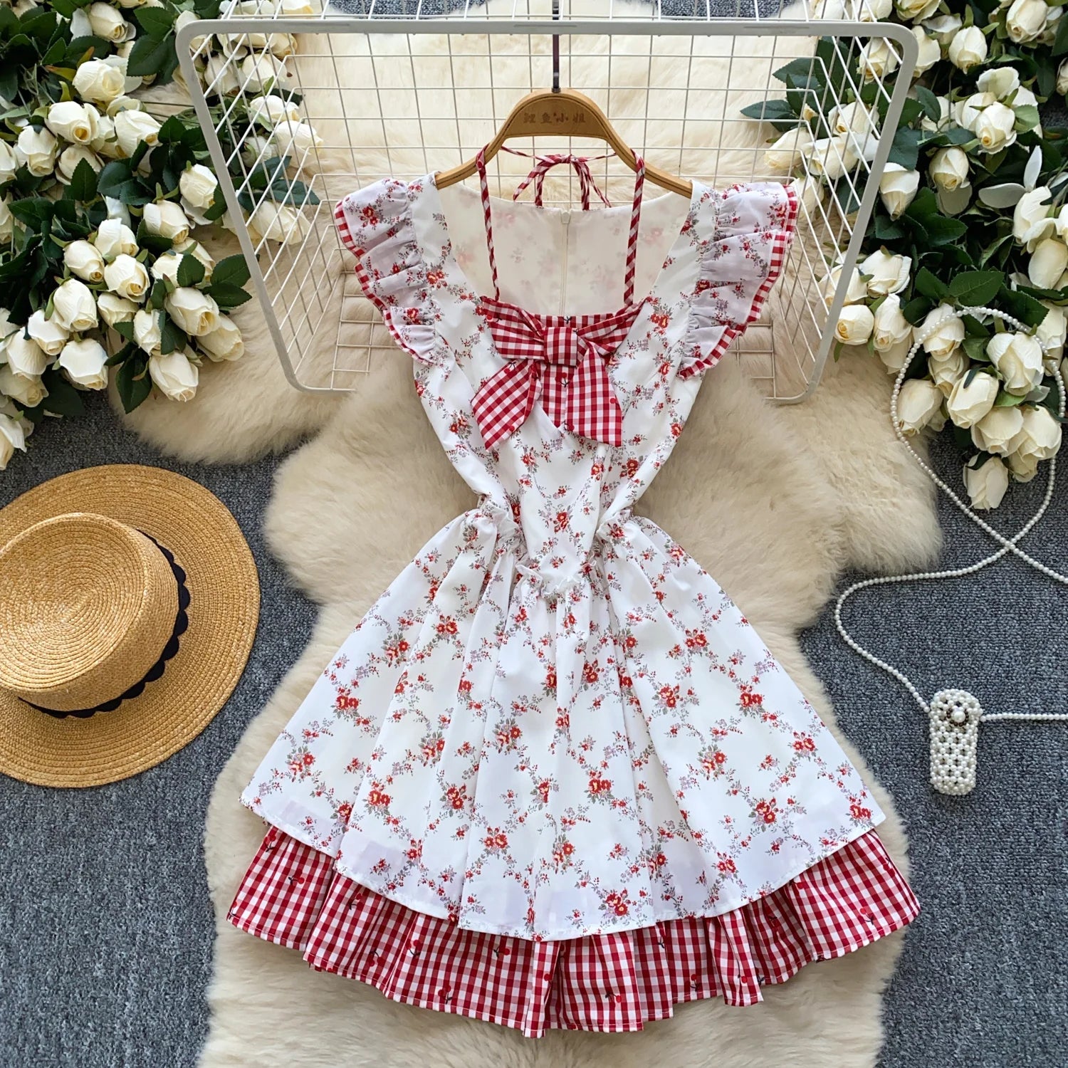 Summer Y2K Halter Tunic Casual Midi Dress For Women Empire Plaid Floral Lace Dress