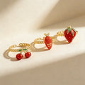 QIKU Cute Trendy Women 18K Gold Plated Copper Vintage Cherry Strawberry Fruit Adjustable Ring Fashion Jewelry Gift
