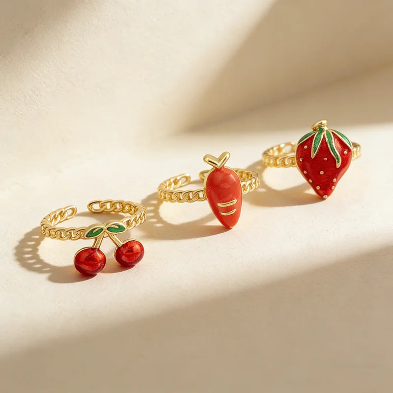 QIKU Cute Trendy Women 18K Gold Plated Copper Vintage Cherry Strawberry Fruit Adjustable Ring Fashion Jewelry Gift