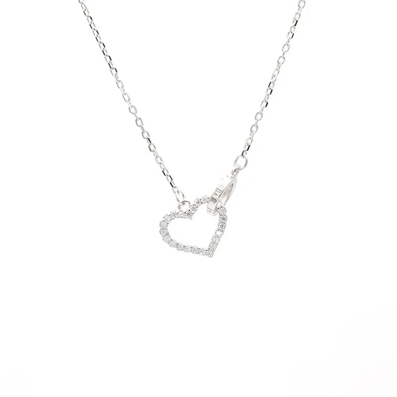 CZ Heart Ring Necklace 925 Sterling Silver Interlock Heart Ring Pendant Necklace for Women Hollow Pendant Necklace