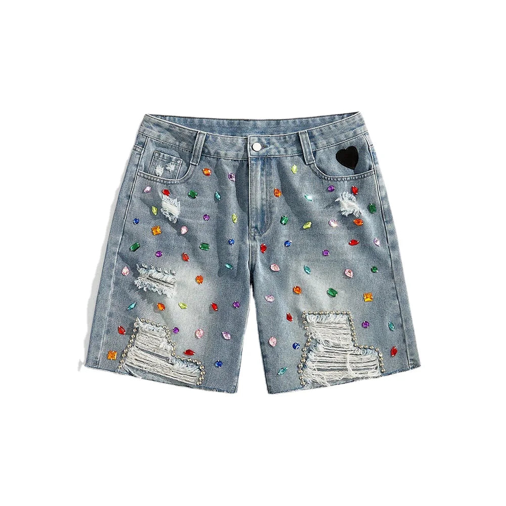 Custom Solid Rhinestone Ripped Denim Shorts Men Distressed Summer Streetwear High Street Eco-Friendly Breathable Fashion Jorts
