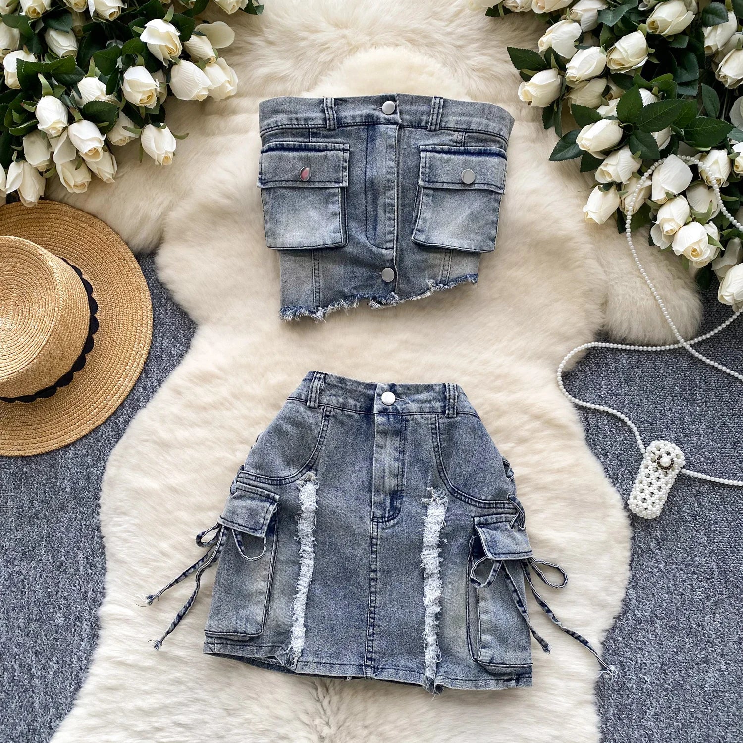 Summer Women's Y2K Sets Asymmetric Tube Top And Denim Hip Skirts Set Ropa Wholesale