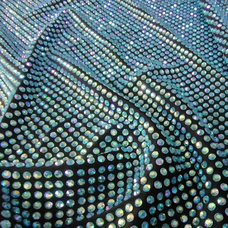 Stretchable Rhinestone Mesh Spandex Fabric Crystal Sapphire AB Fabric With Bling Bling Crystals