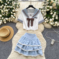 Summer Women's Preppy Style Sets Top And Patchwork Lace Skirts Set Ropa Wholesale