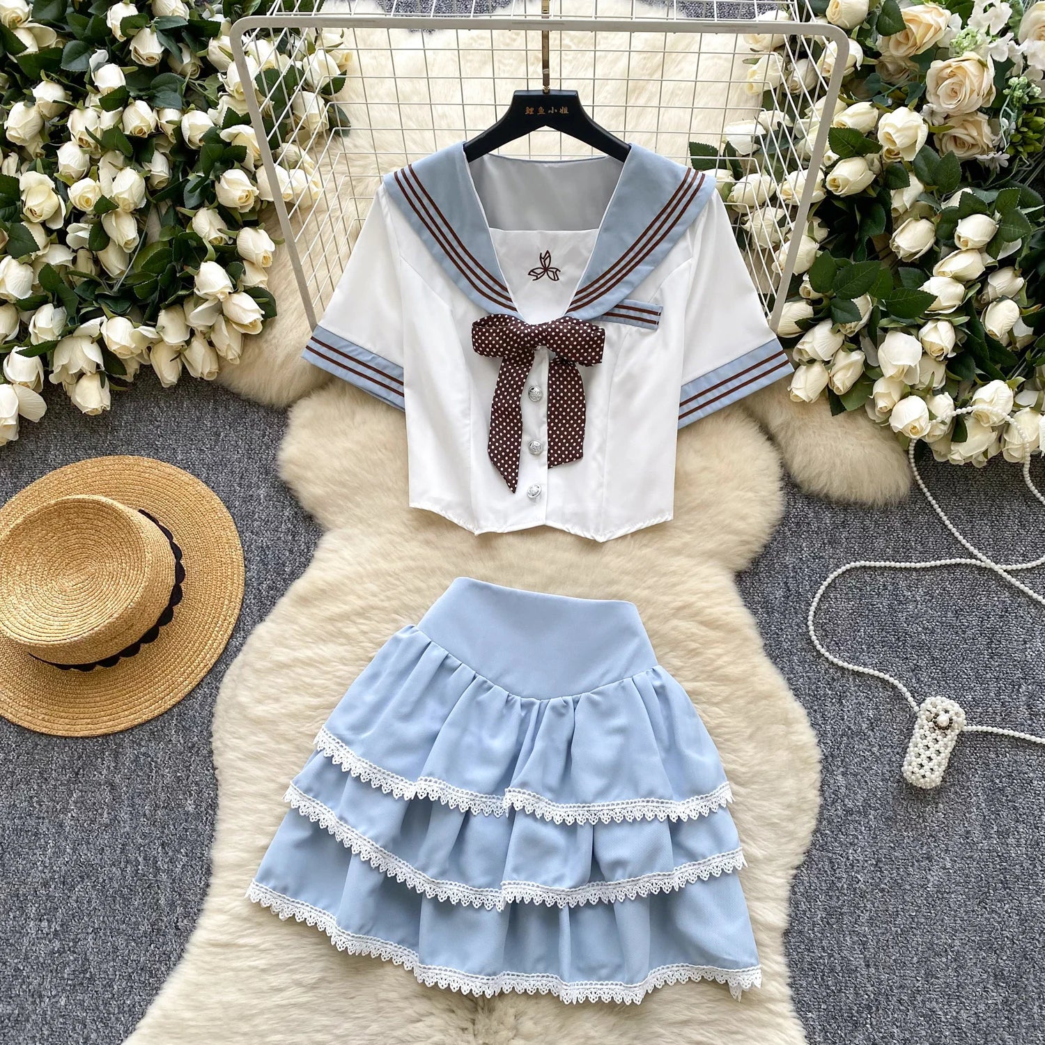 Summer Women's Preppy Style Sets Top And Patchwork Lace Skirts Set Ropa Wholesale