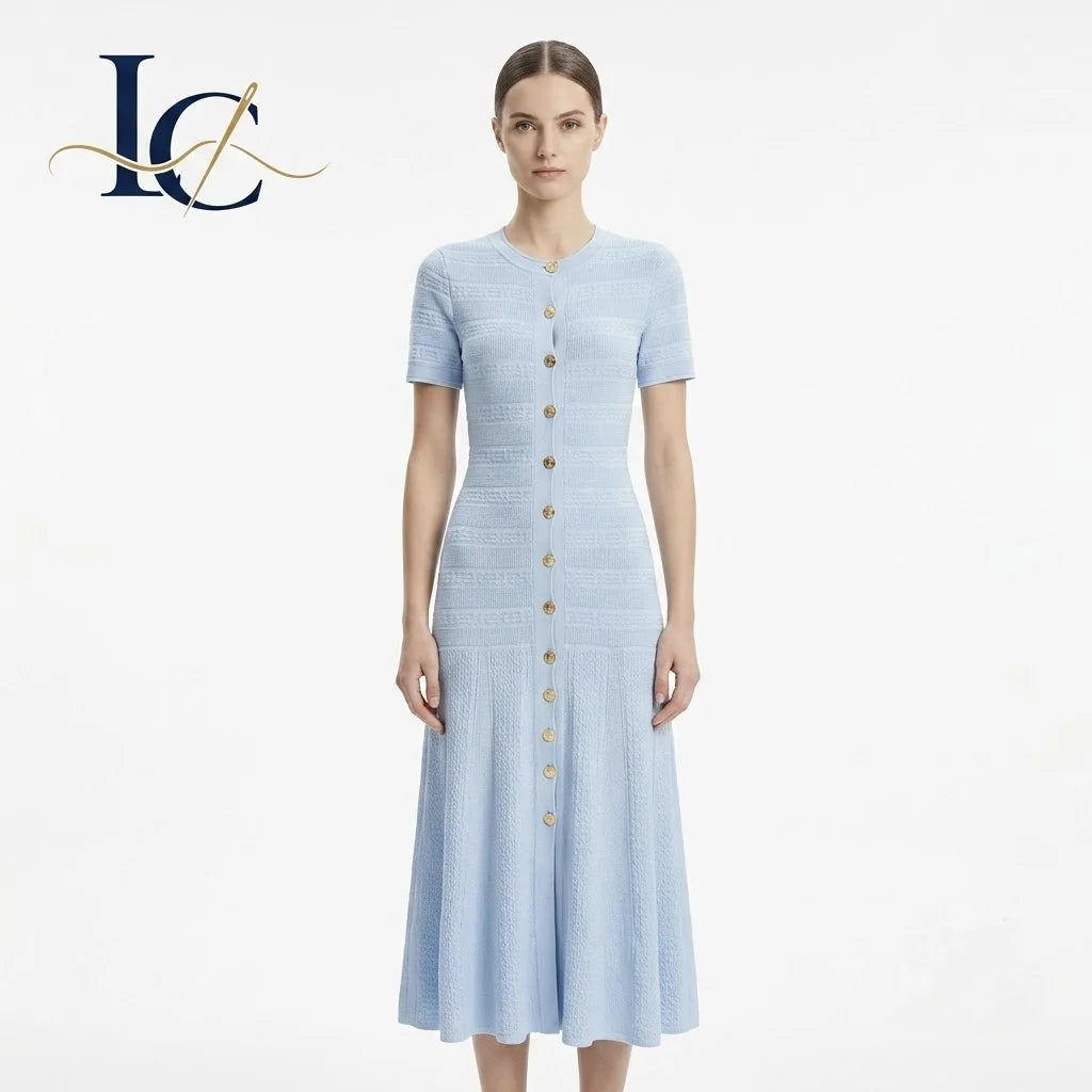 Chic Luxury Ribbed Cable Knit Padded Shoulder Single Breasted Elegant Office Wear Long Dress Wholesale MegaBDM