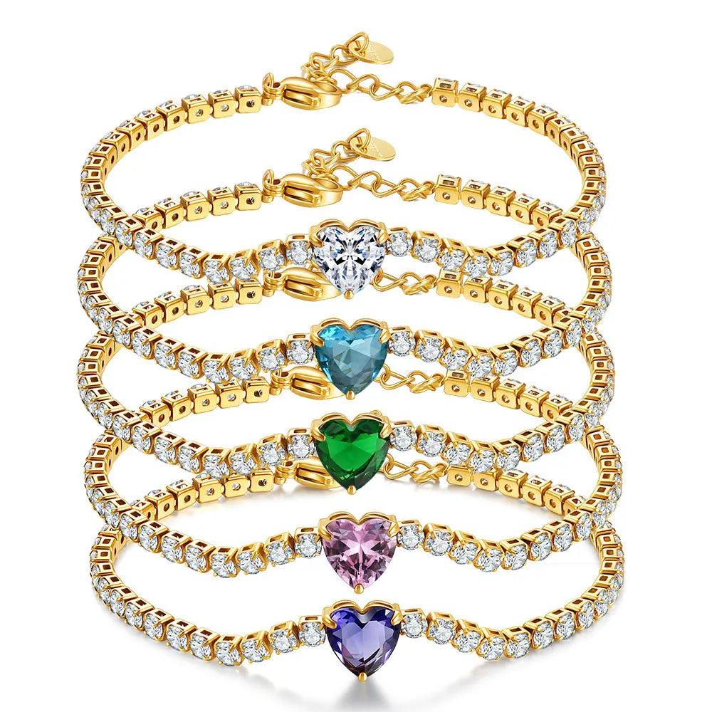 Colorful Heart Zircon Tennis Bracelet Stainless Steel 18K Gold Plated Waterproof Women Fashion Jewelry Wholesale MegaBDM
