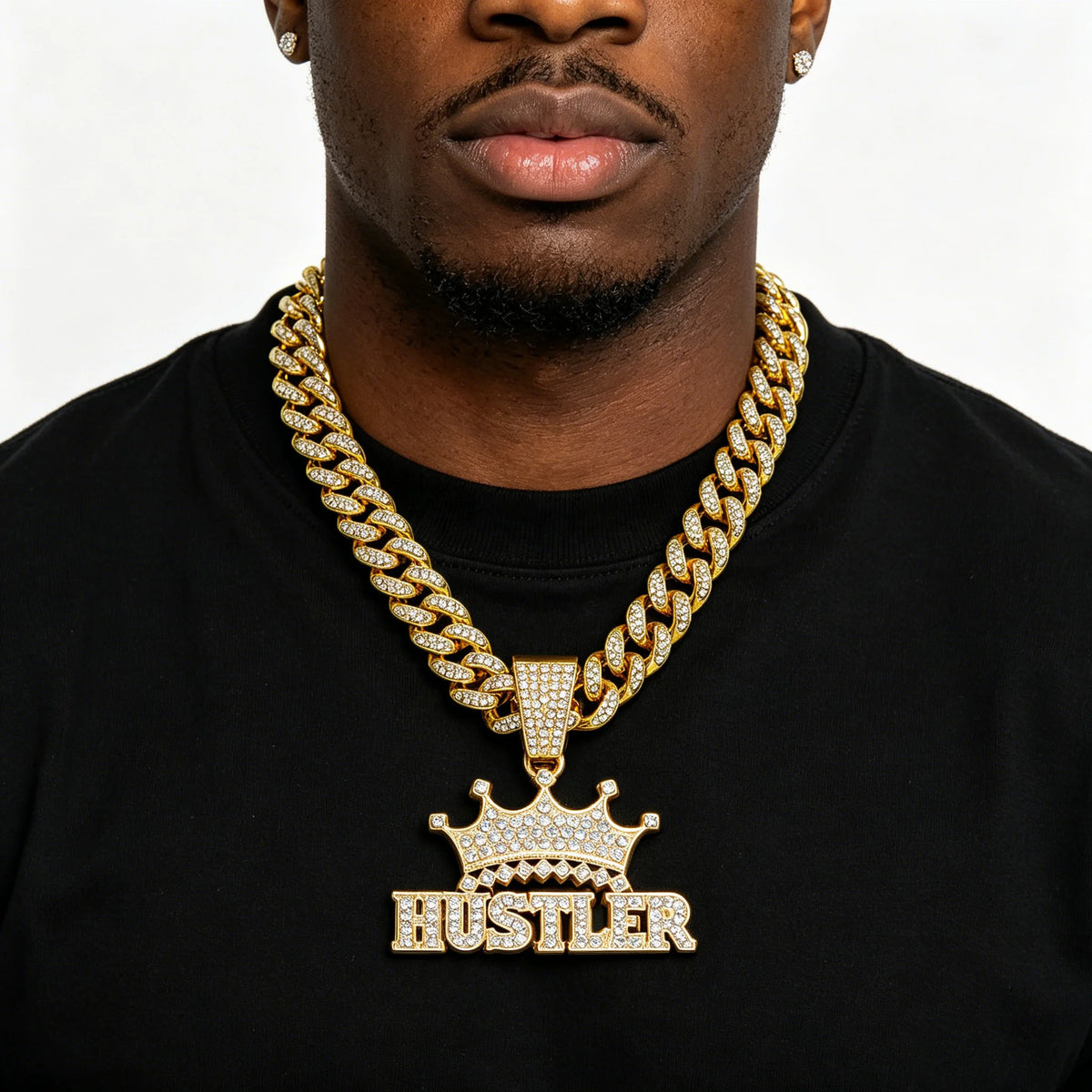 Iced Out Crown HUSTLER Letter Pendant Necklace Alloy Gold Plated Rhinestone Cuban Link Chain Hip Hop Hustle Street Bling Jewelry MegaBDM