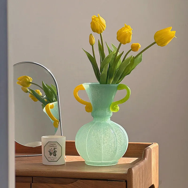 Hand Blown Glass Vase with Colorful Handles Decorative Flower Vase Modern Home Decor Table Centerpiece MegaBDM