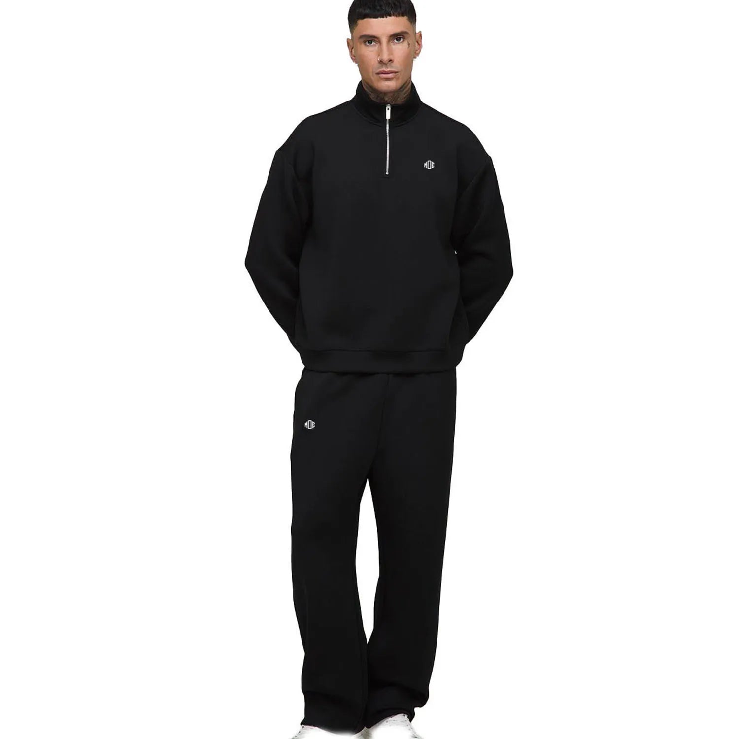 Black Half Zip Tracksuit Men Oversized Heavyweight Fleece Two Piece Streetwear Set Minimal Design Customizable OEM Factory