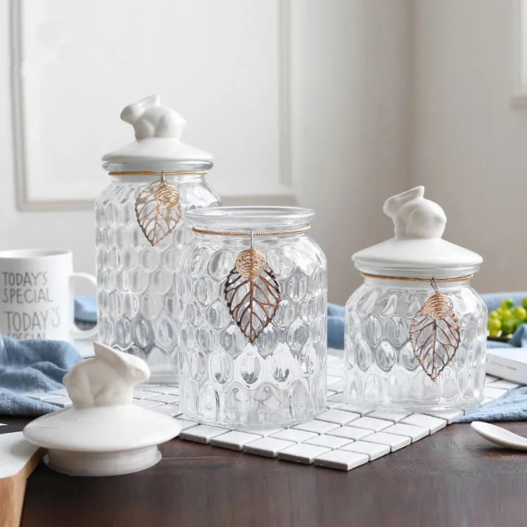 Ceramic Rabbit Shape Lid Glass Sealed Kitchen Storage Jar Minimalist Design Sustainable Steamable Carton for Tea Candy Food Back