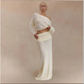 European and American Knitted Long-sleeved One-shoulder Top Loose Long Skirt Solid Color Fashion Set Two-piece Set