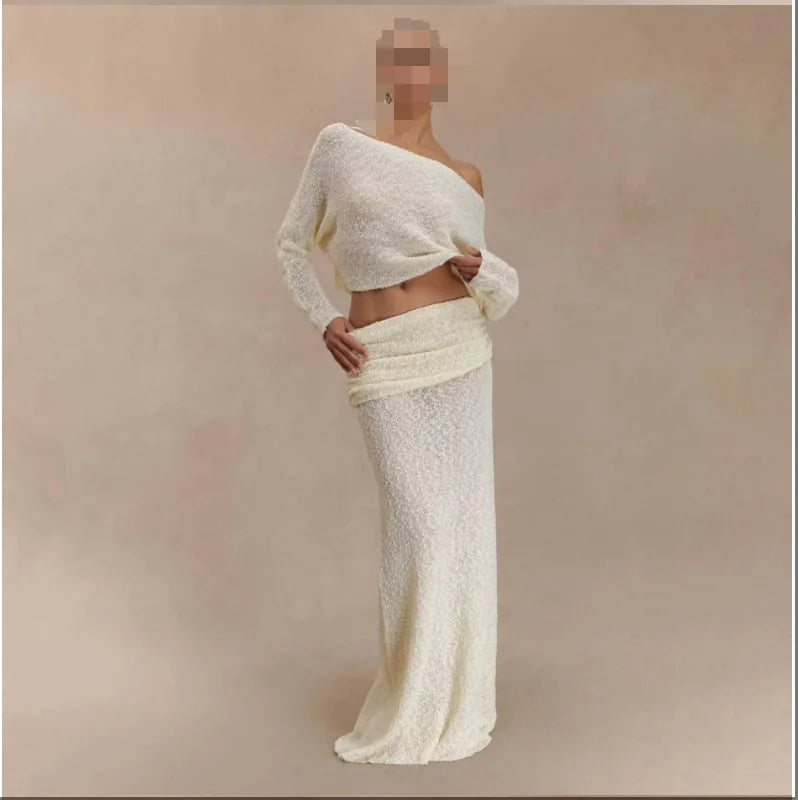European and American Knitted Long-sleeved One-shoulder Top Loose Long Skirt Solid Color Fashion Set Two-piece Set